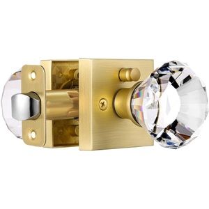 New Satin Brass Crystal Interior Door Knob Gold Square Glass Diamond Ornate NWT